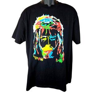 Wrldinvsn Mens XL Black T-Shirt With Vibrant Jesus Christ Graphic Design